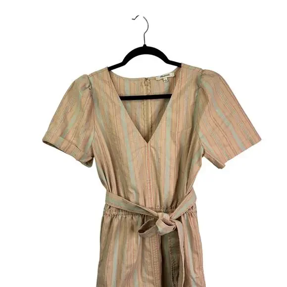 MADEWELL 6 Striped Puff-Sleeve Tapered Jumpsuit Pink Blue Linen Blend Romper - Picture 2 of 7